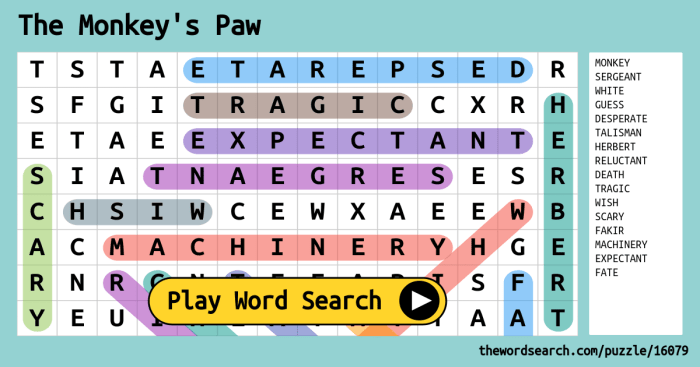 The monkey's paw word search answers