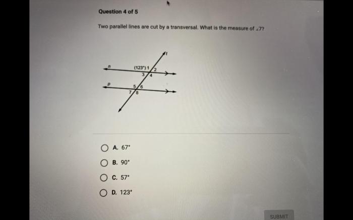 Parallel lines e and f are cut by transversal b.