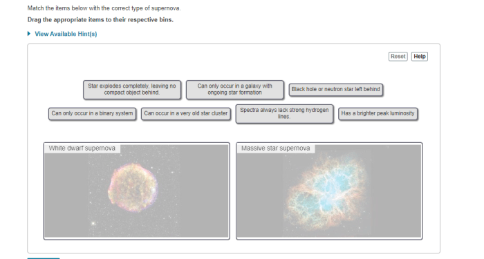 Match the items below with the correct type of supernova.