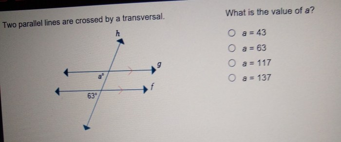 Parallel lines e and f are cut by transversal b.